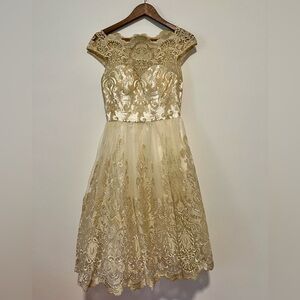 Beige and Gold Lace Midi Dress
